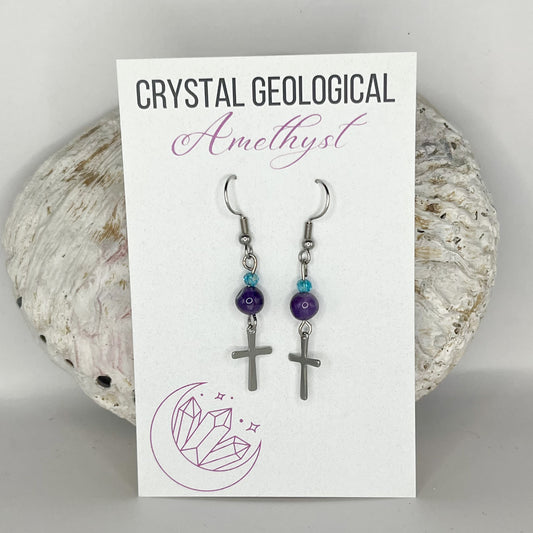 Amethyst Earring Pair with Cross Charm