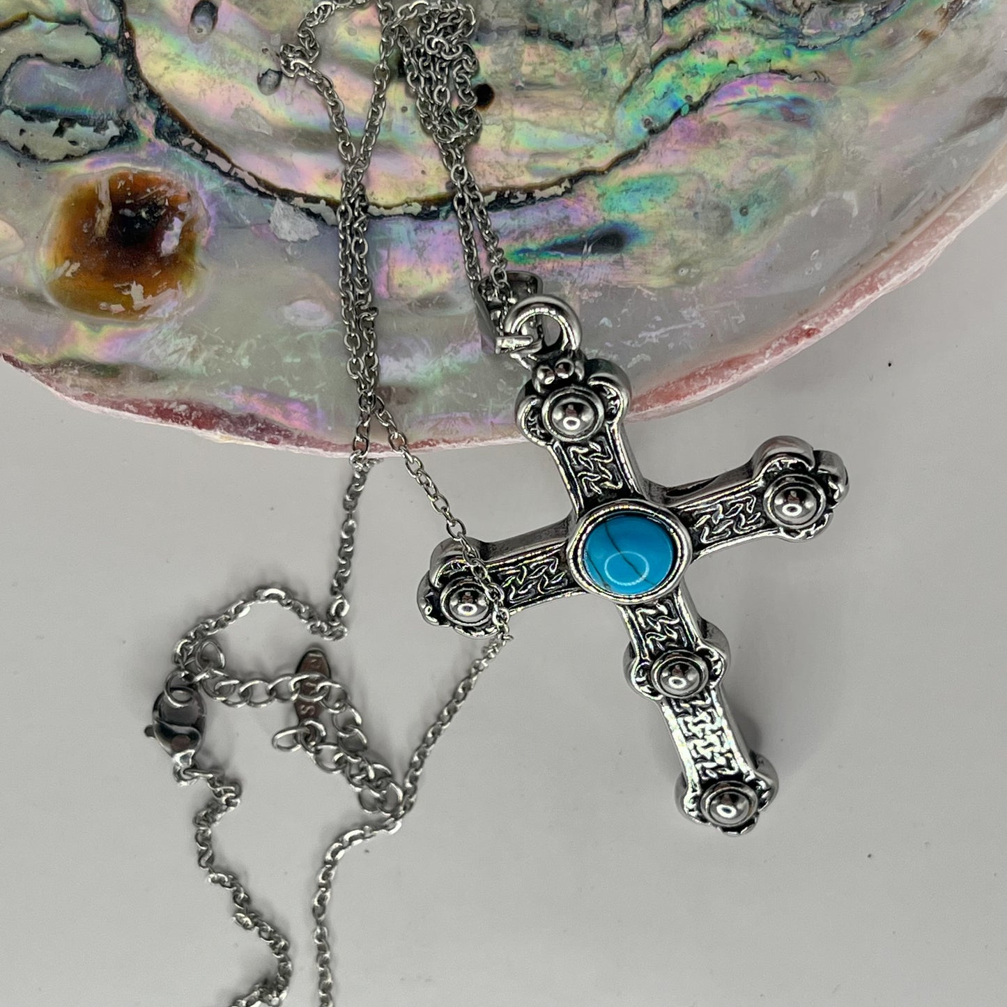 Blue Howlite Cross Pendant on Stainless Steel Chain