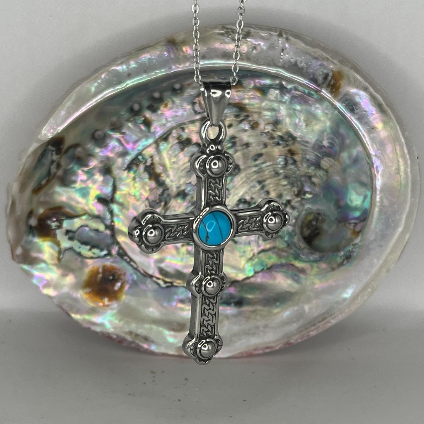 Blue Howlite Cross Pendant on Stainless Steel Chain