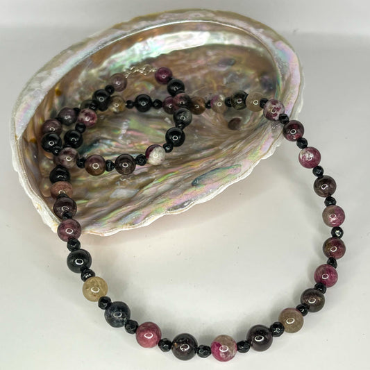 Faceted Black Tourmaline and and Round Agate Necklaces with Silver Clasp